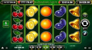 Burning Hot კლასიკური სლოტის ინტერფეისი ხუთი ბრუნვით, სადაც ნაჩვენებია ხილის სიმბოლოები, როგორიცაა ალუბალი, ლიმონი, ფორთოხალი, ქლიავი და ზარები, რეტრო სტილის მწვანე ჩარჩოში.