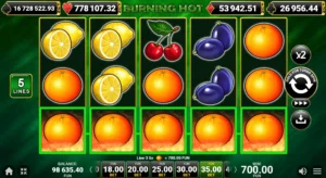 Burning Hot დემო სლოტის ინტერფეისი, სადაც ნაჩვენებია ხუთი ბრუნვა ხილის სიმბოლოებით, გამოკვეთილი ფიქსირებული გადახდის ხაზები და მოგებული ხაზის კომბინაცია.